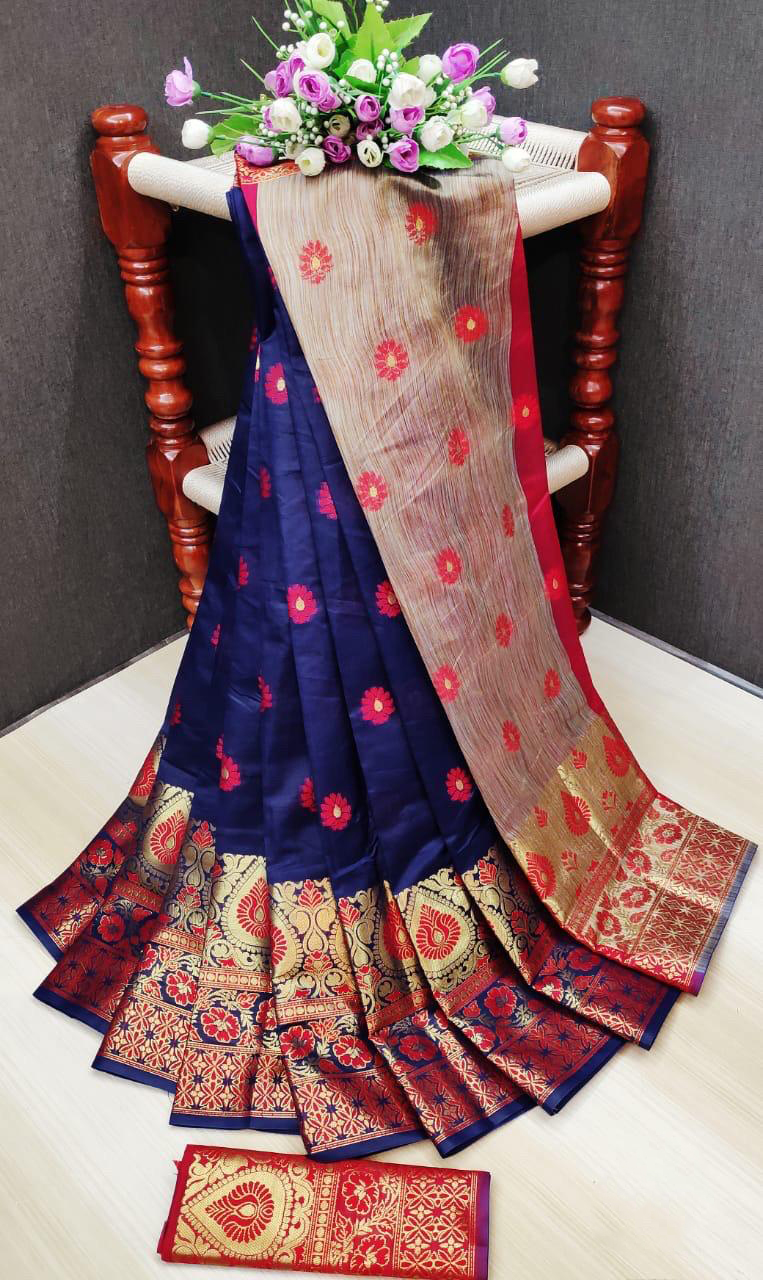 Navy Blue Color Soft Lichi Silk Weaving Jacquard Work Saree