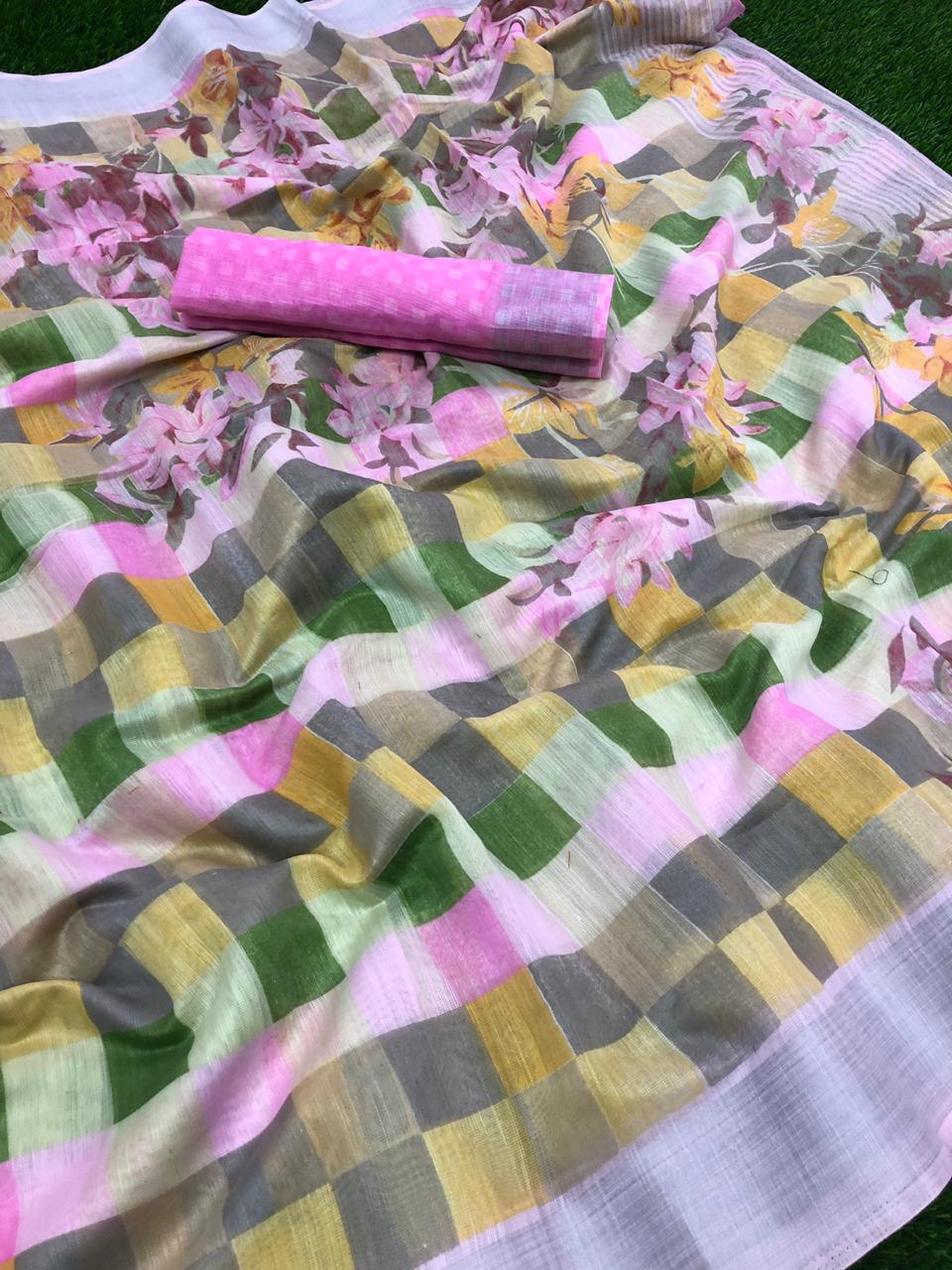 Multi color linen printed saree