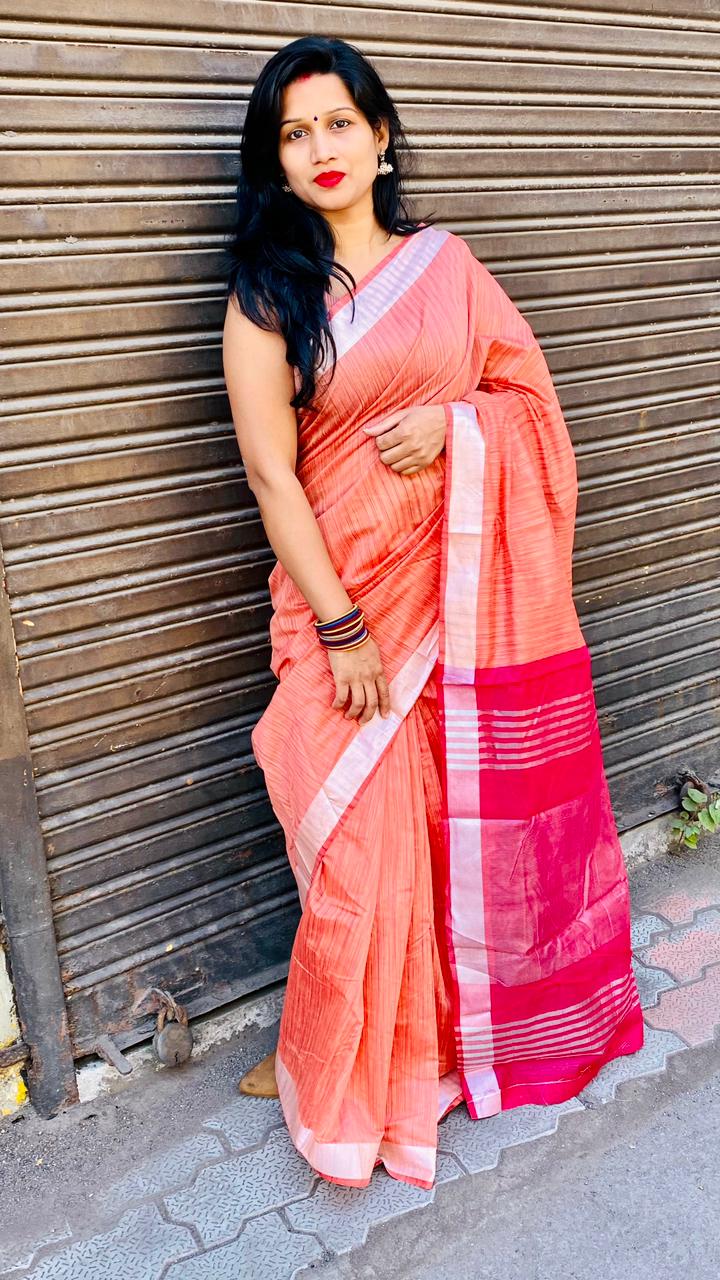 Peach color soft cotton saree
