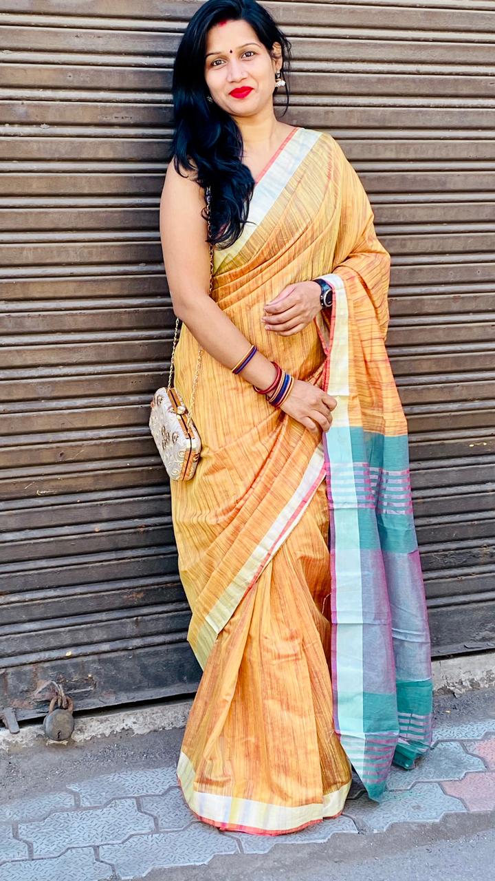 mustard yellow color soft cotton saree