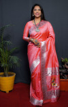 Baby pink color soft paithani silk saree with silver zari weaving work
