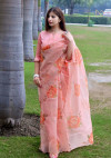 Peach color organza silk saree with printed work