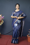 Navy blue color soft linen saree with golden and silver zari woven work