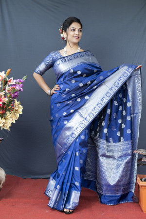 Dark Blue Shade Banarasi Silk Linen Saree | Silver Zari Border | KIHUM –  kihums clothing