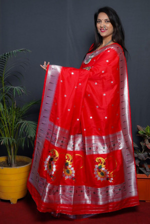 Red Stone, Sequins and Silver Zari work Saree with Matching Unstitched –  Seasons Chennai