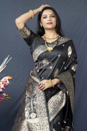 Tisha Black Kanchipuram Saree – Zariknyaa