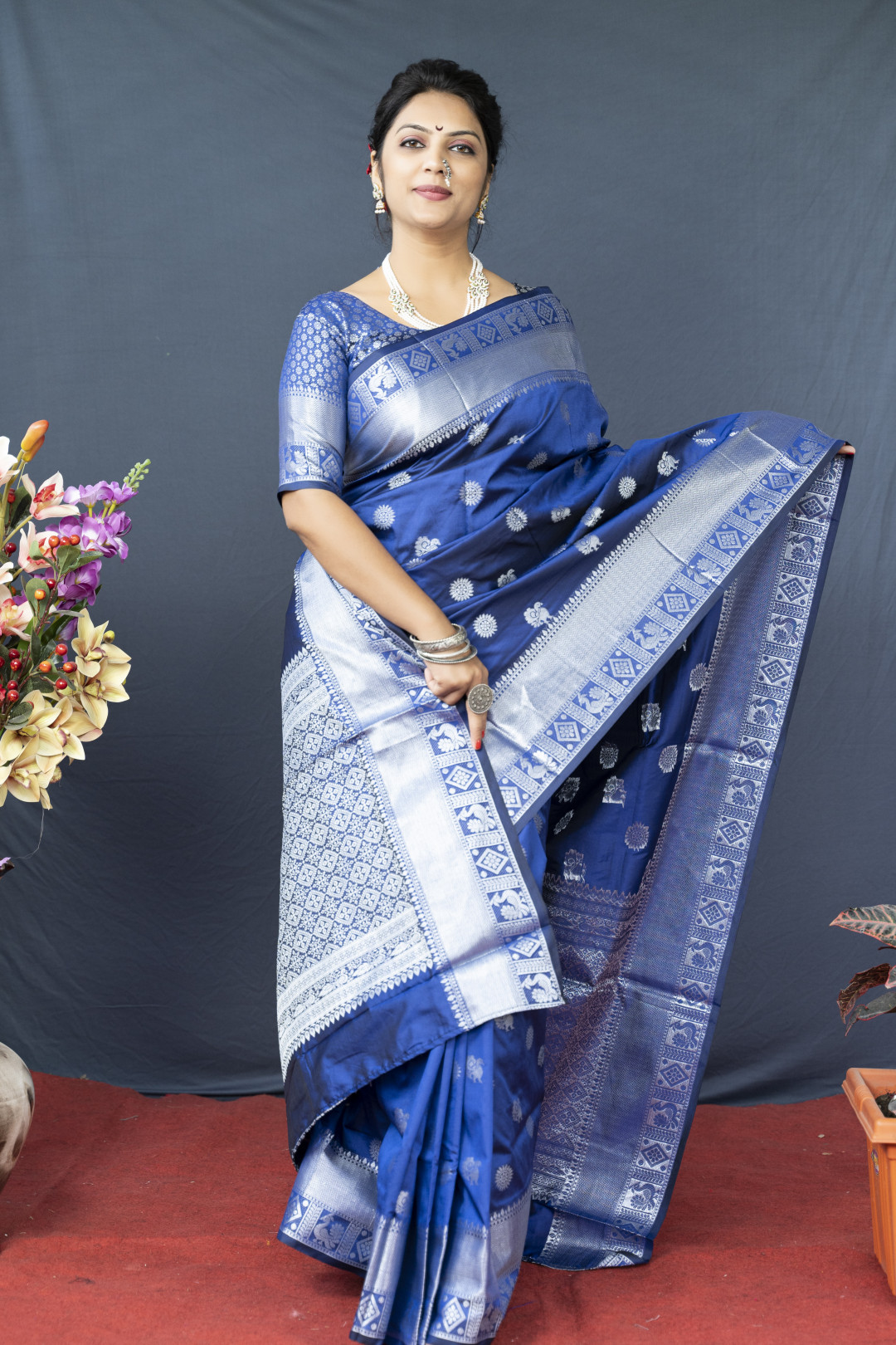 Royal Blue Color Soft Lichi Silk Saree With Silver Zari Woven Work