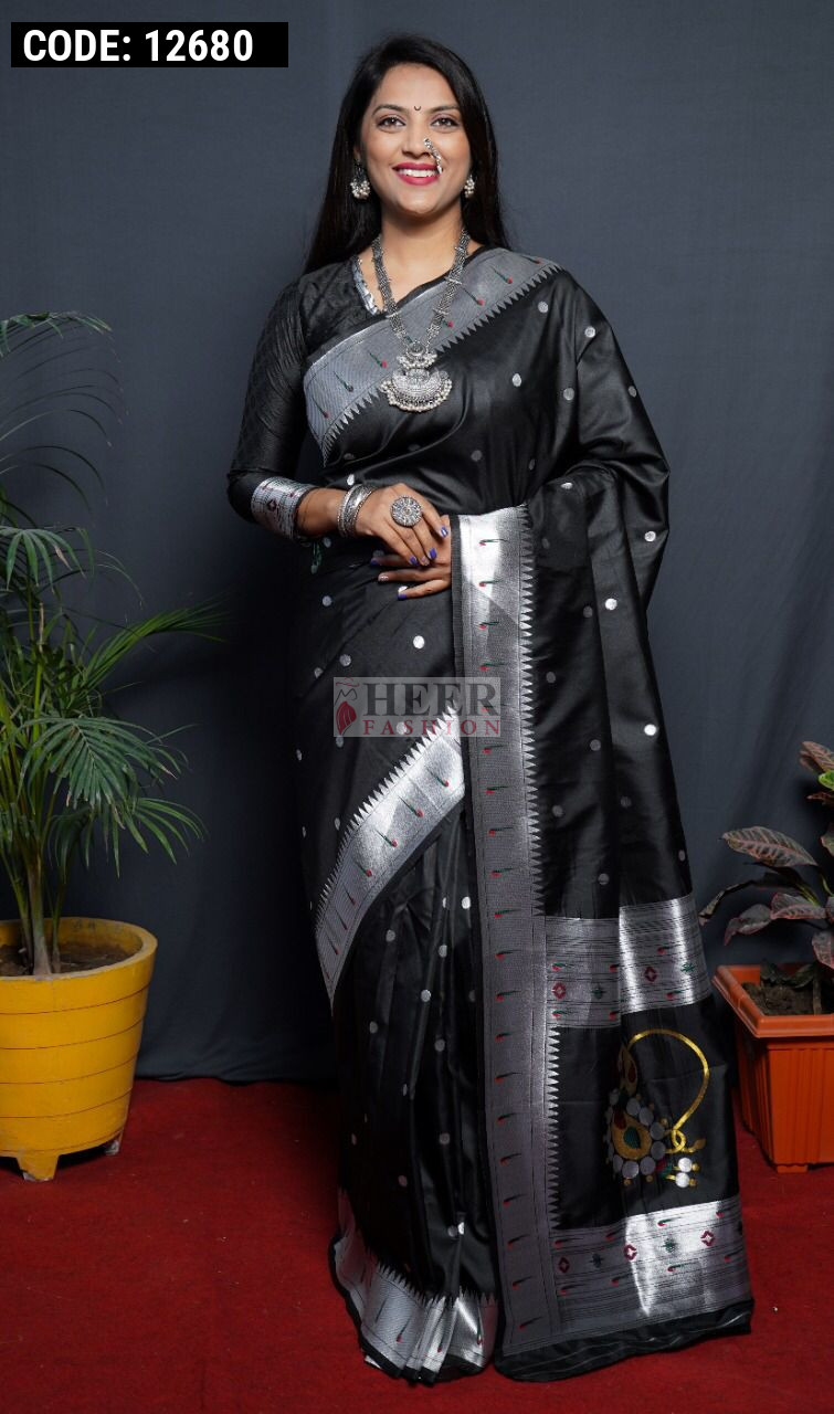 Traditional Sico Cotton Silk Black with Silver border Paithani Saree for  Women and Girls