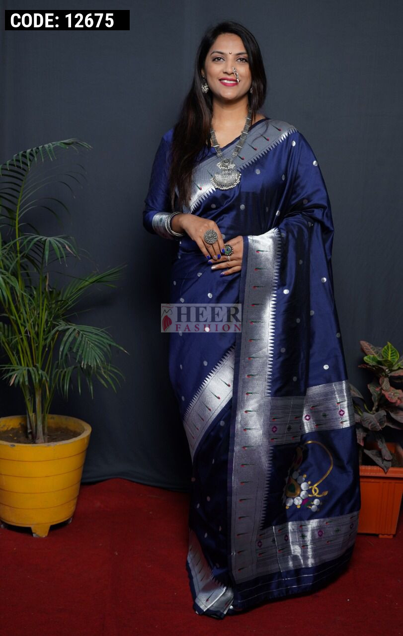 Buy Shri Vaishnavi Blue Color Pure Brocade Paithani Saree at Amazon.in