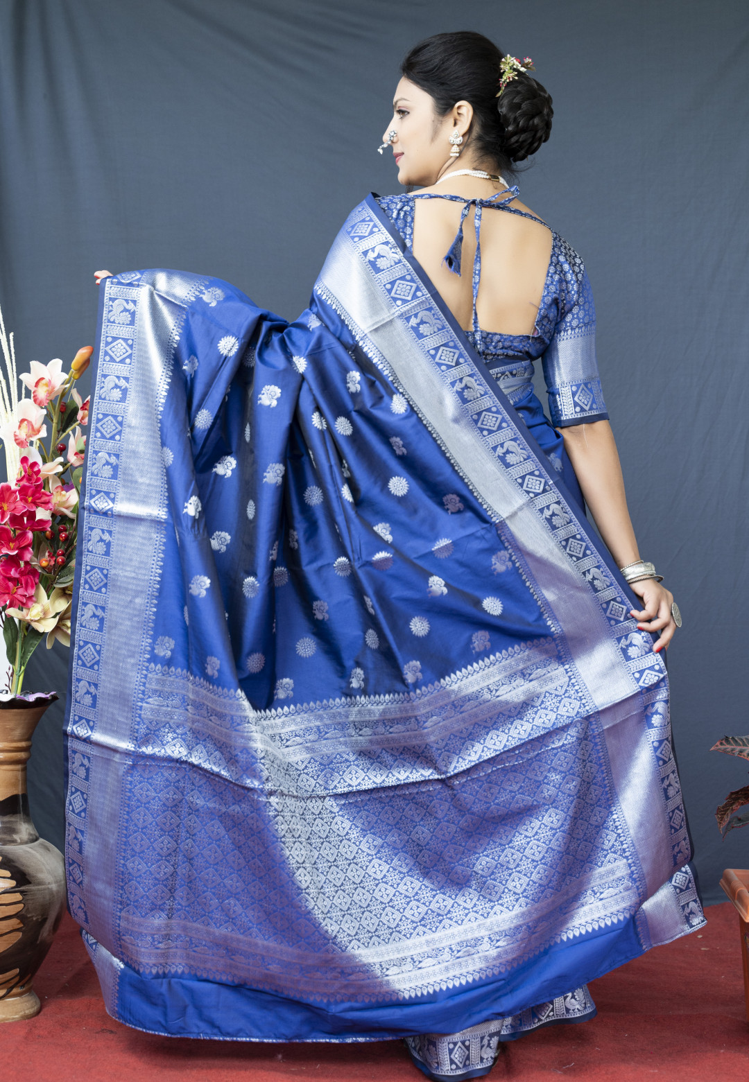 Royal Blue Color Soft Lichi Silk Saree With Silver Zari Woven Work