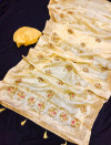 Light yellow color organza silk saree with moti work