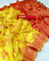 Lemon yellow color linen silk saree with printed work