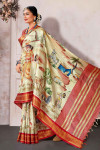 Off white and red color soft cotton saree with digital printed work