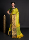Parrot green color soft cotton silk saree with zari weaving work