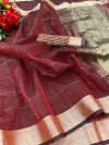 Maroon color organza silk saree with zari weaving work