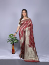 Maroon color banarasi silk saree with zari weaving work