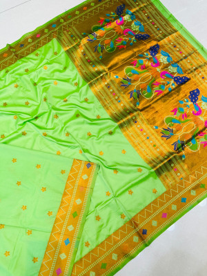 Light Green with Red Woven Paithani Soft Silk Saree with Peacock Border |  TST | The Silk Trend