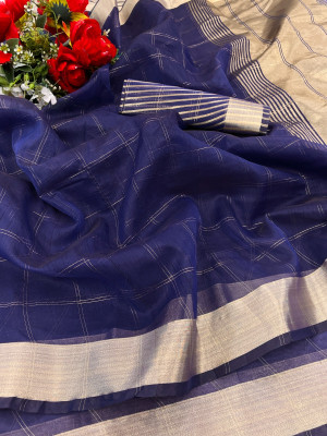 Navy blue color organza silk saree with zari weaving work