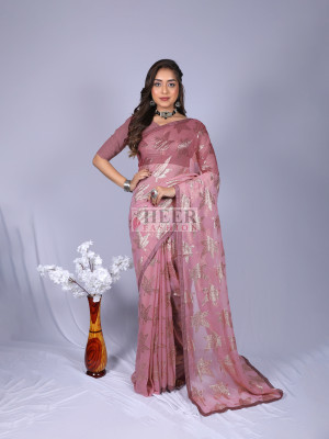 Baby pink color soft georgette saree with zari weaving work