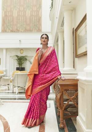 Affordable Woven Zari Banarasi Silk Rani Pink Saree|SARV138139