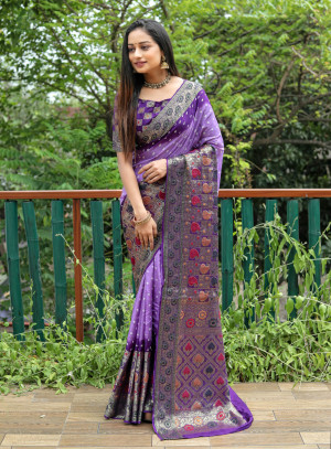 Buy Handsome Lavender Color Handwork And Printed Flower Pure Organza Silk  Saree With Contrast Blouse From- Organza mall