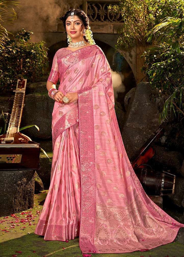 Baby Pink Color Soft Banarasi Silk Saree With Zari Weaving Work