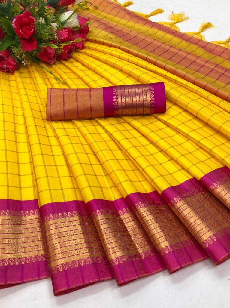 Yellow color soft cotton saree with zari weaving work