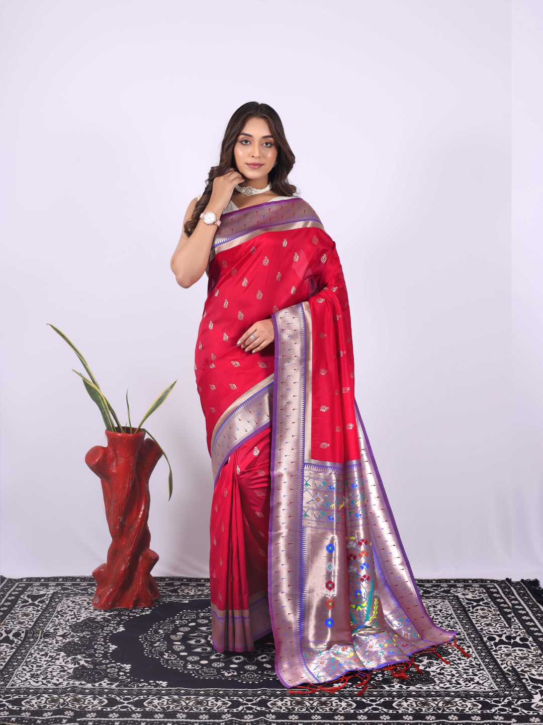 Red color paithani silk saree with zari weaving work