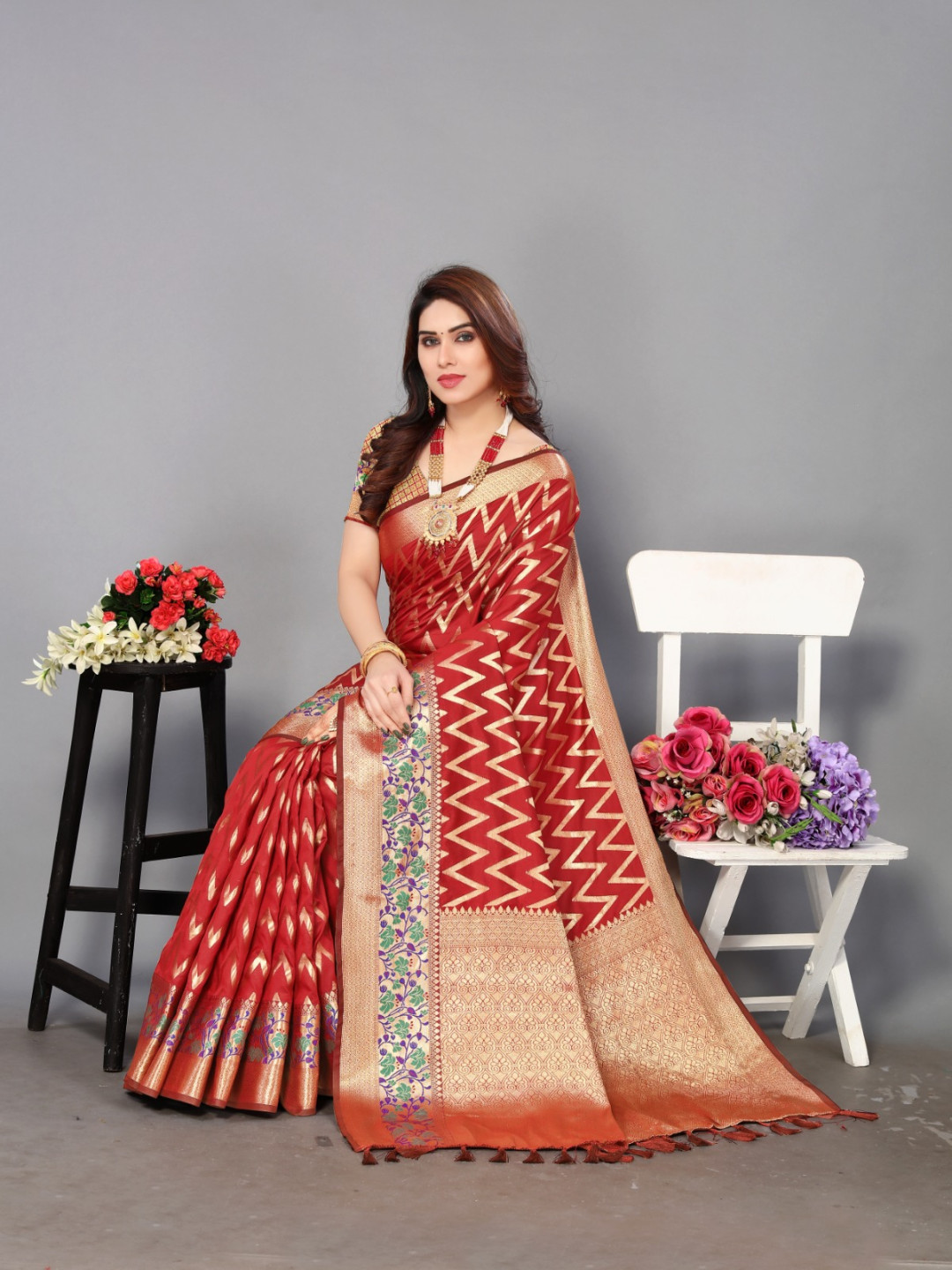 Red Color Banarasi Silk Saree With Zari Weaving Work 1950