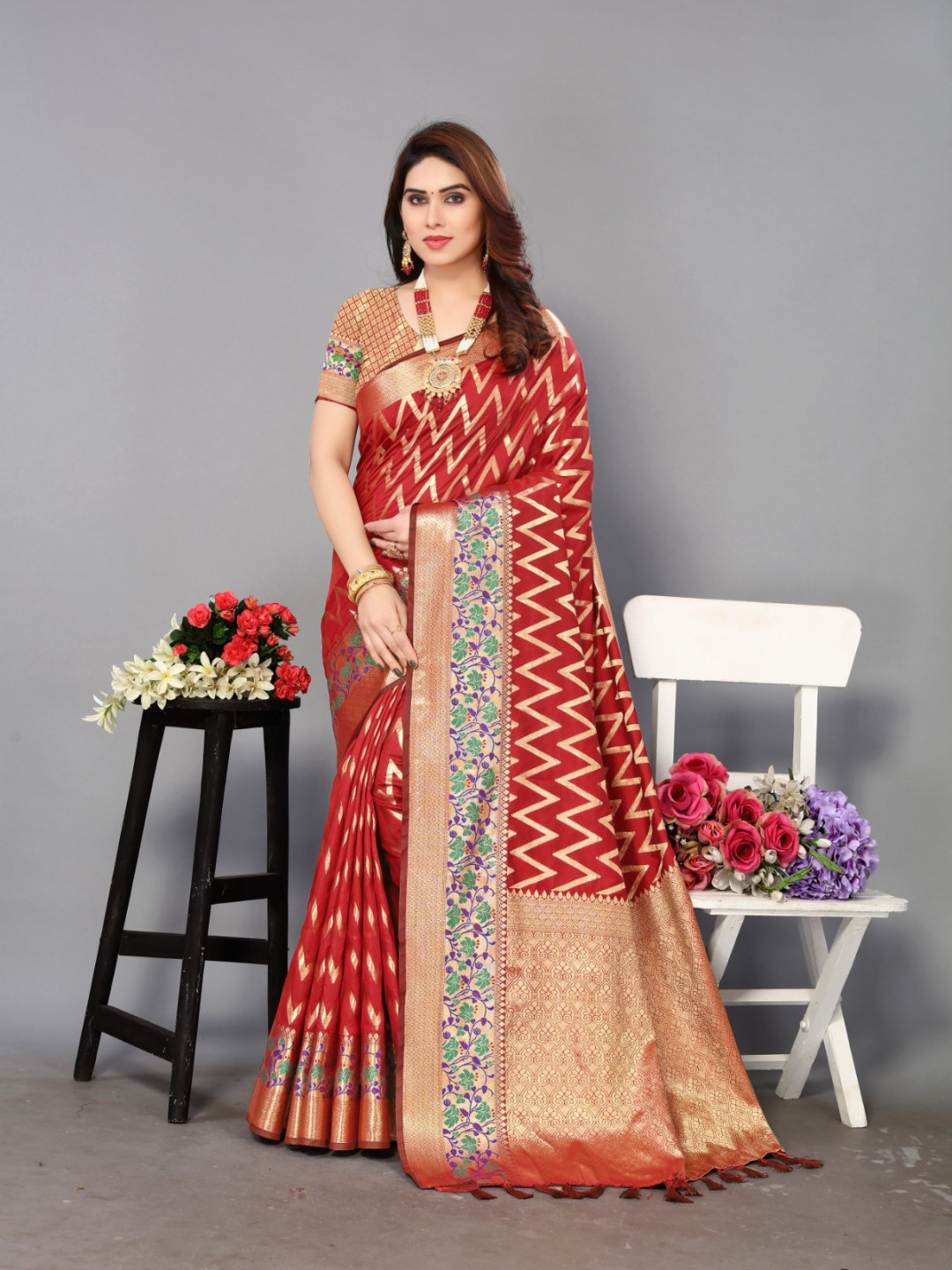 Red color banarasi silk saree with zari weaving work