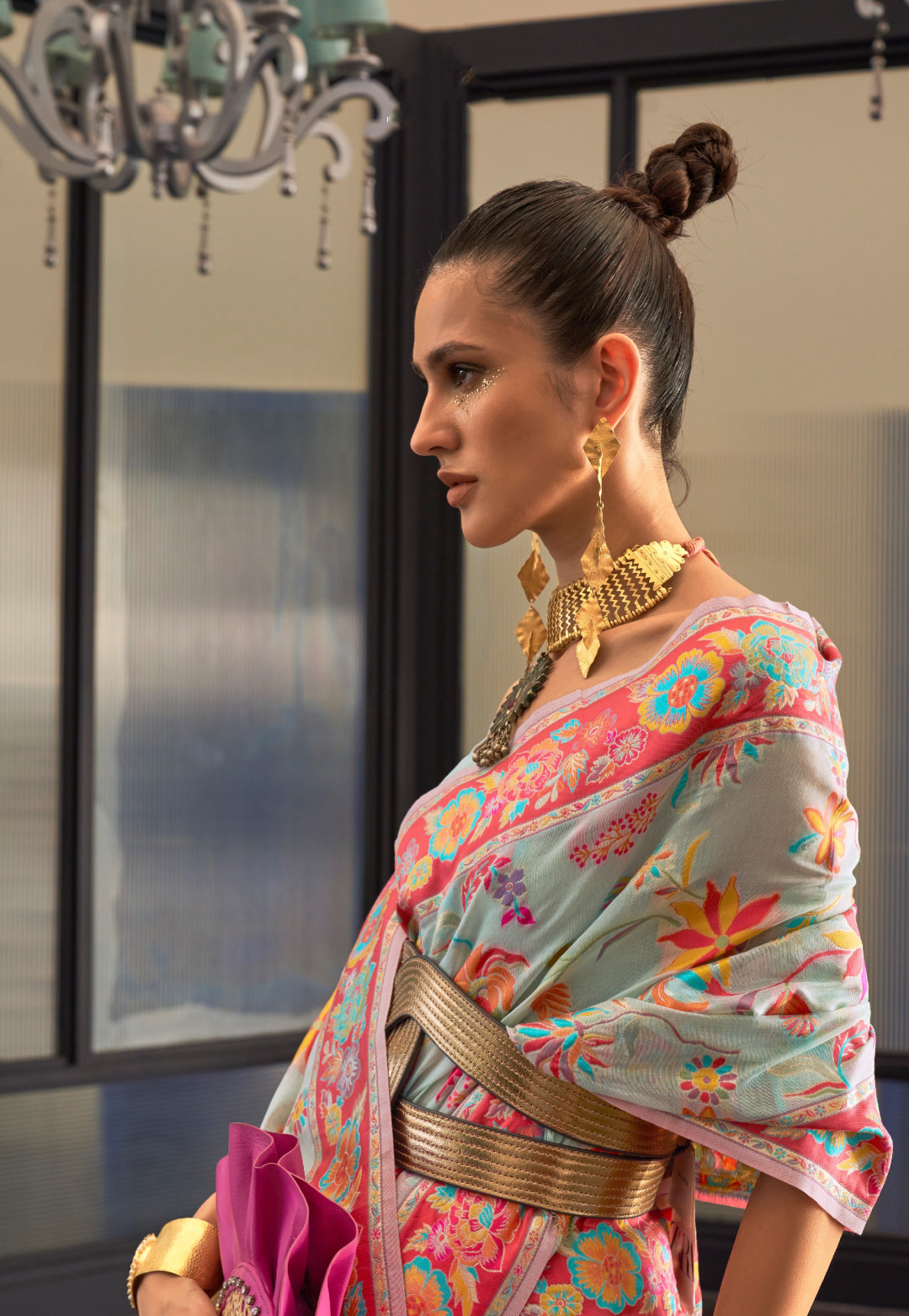 Sea green color banarasi silk saree with woven design