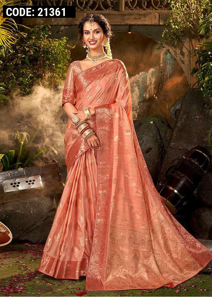 Peach color soft banarasi silk saree with zari weaving work