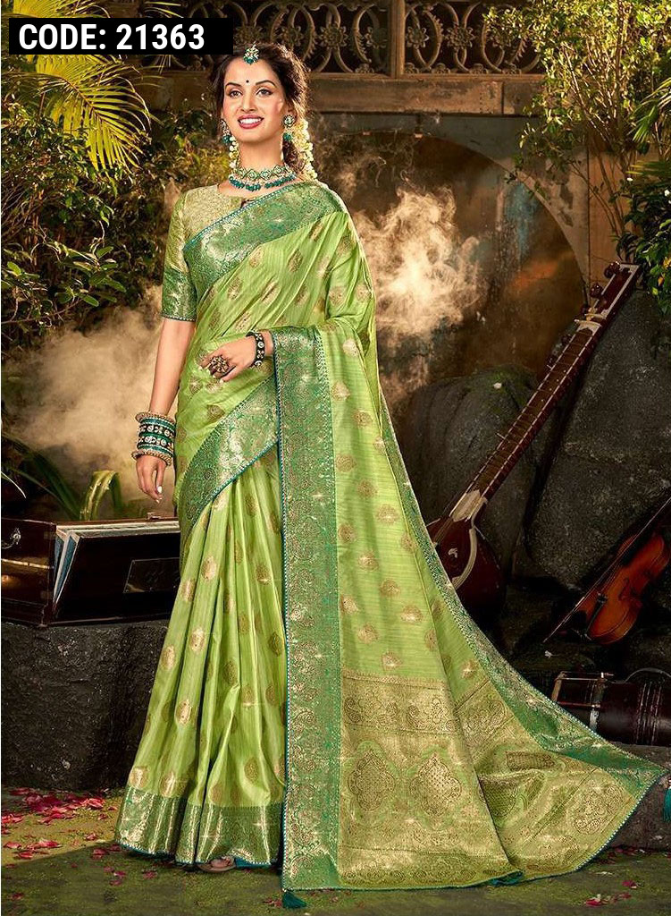 Pista Green Woven Design Cotton Saree – Maharani