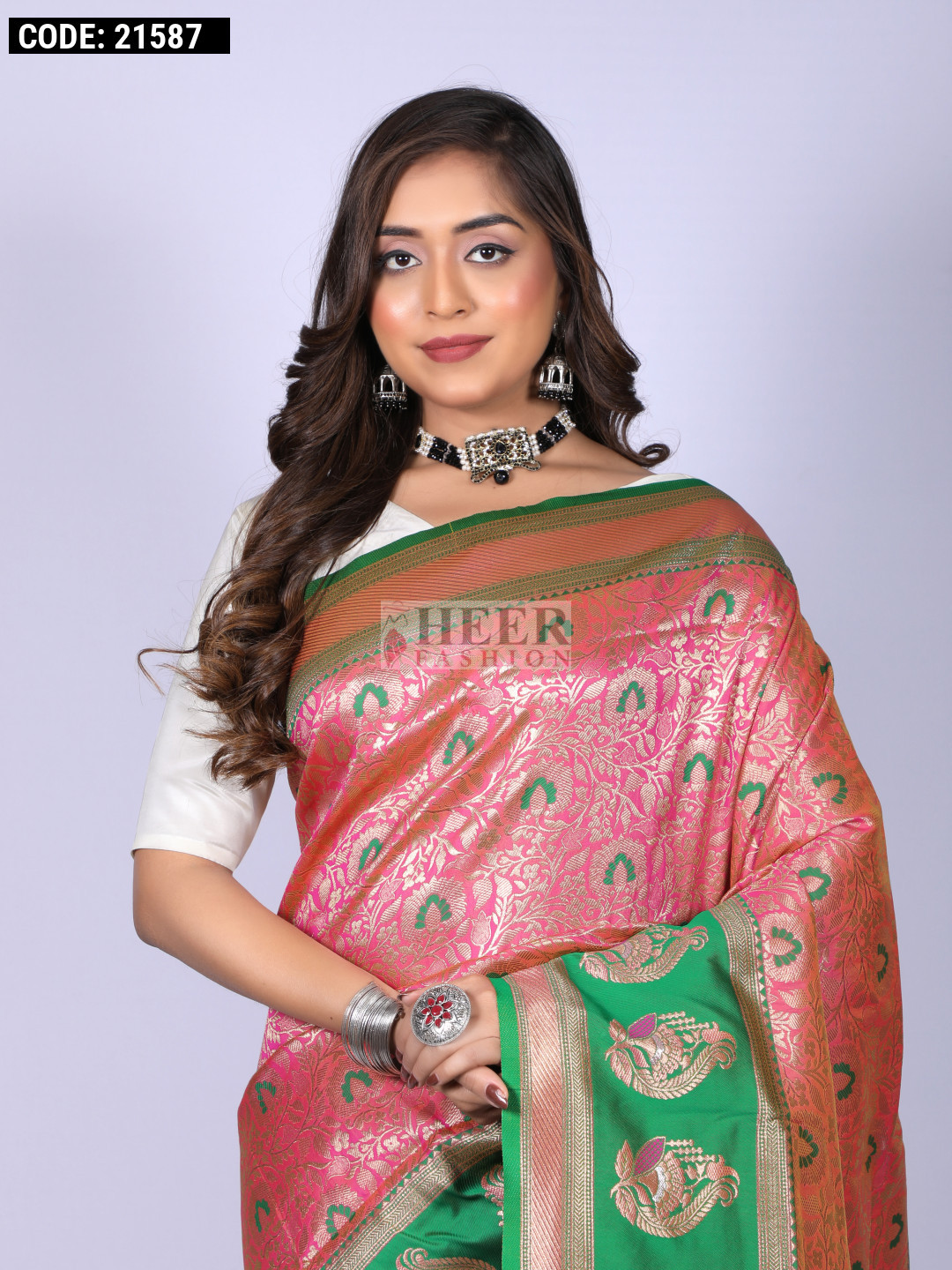 Peach color kanchipuram silk saree with zari weaving work