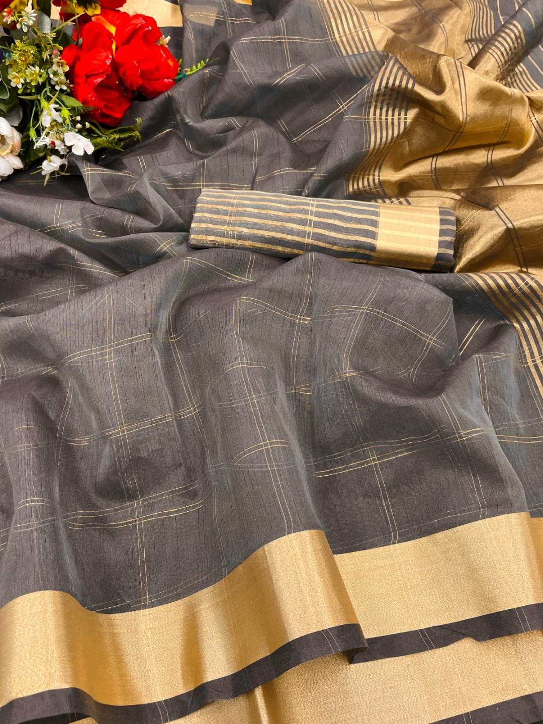 Gray color organza silk saree with zari weaving work