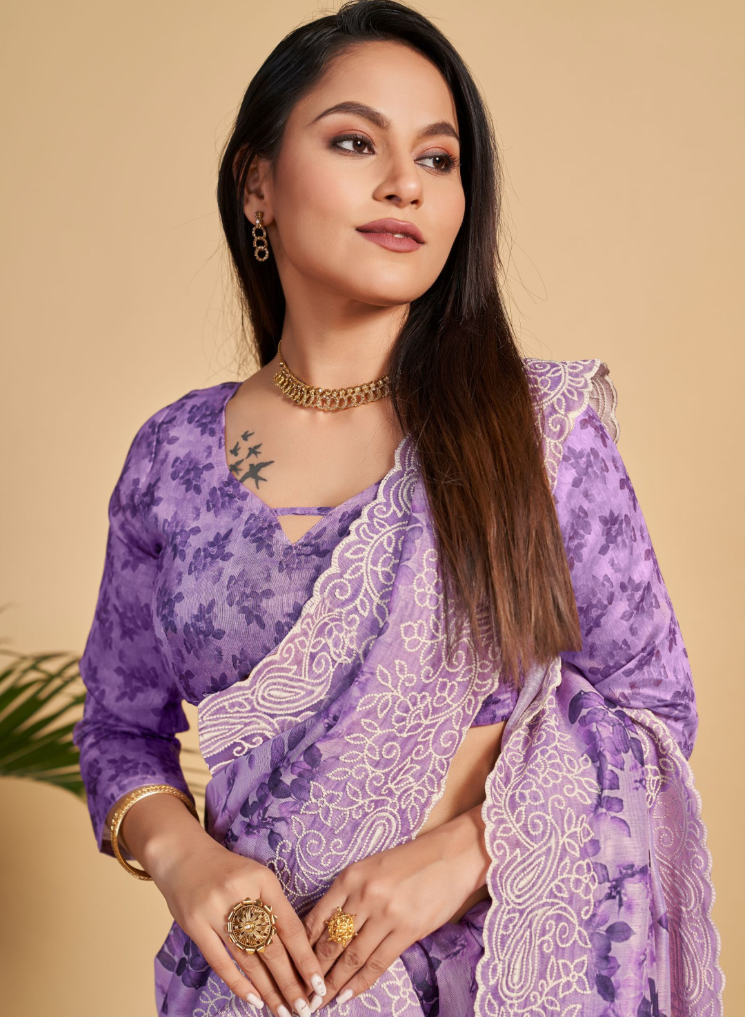 Purple Color Linen Silk Saree With Digital Printed Work 