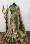Mahendi green color soft lichi silk saree with digital printed work