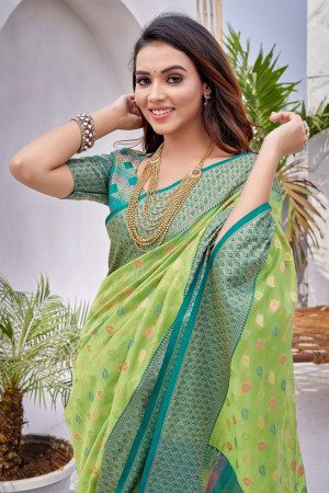 Parrot green color soft zarna silk saree with zari weaving work