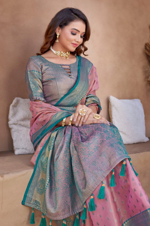 Baby pink color soft zarna silk saree with zari weaving work
