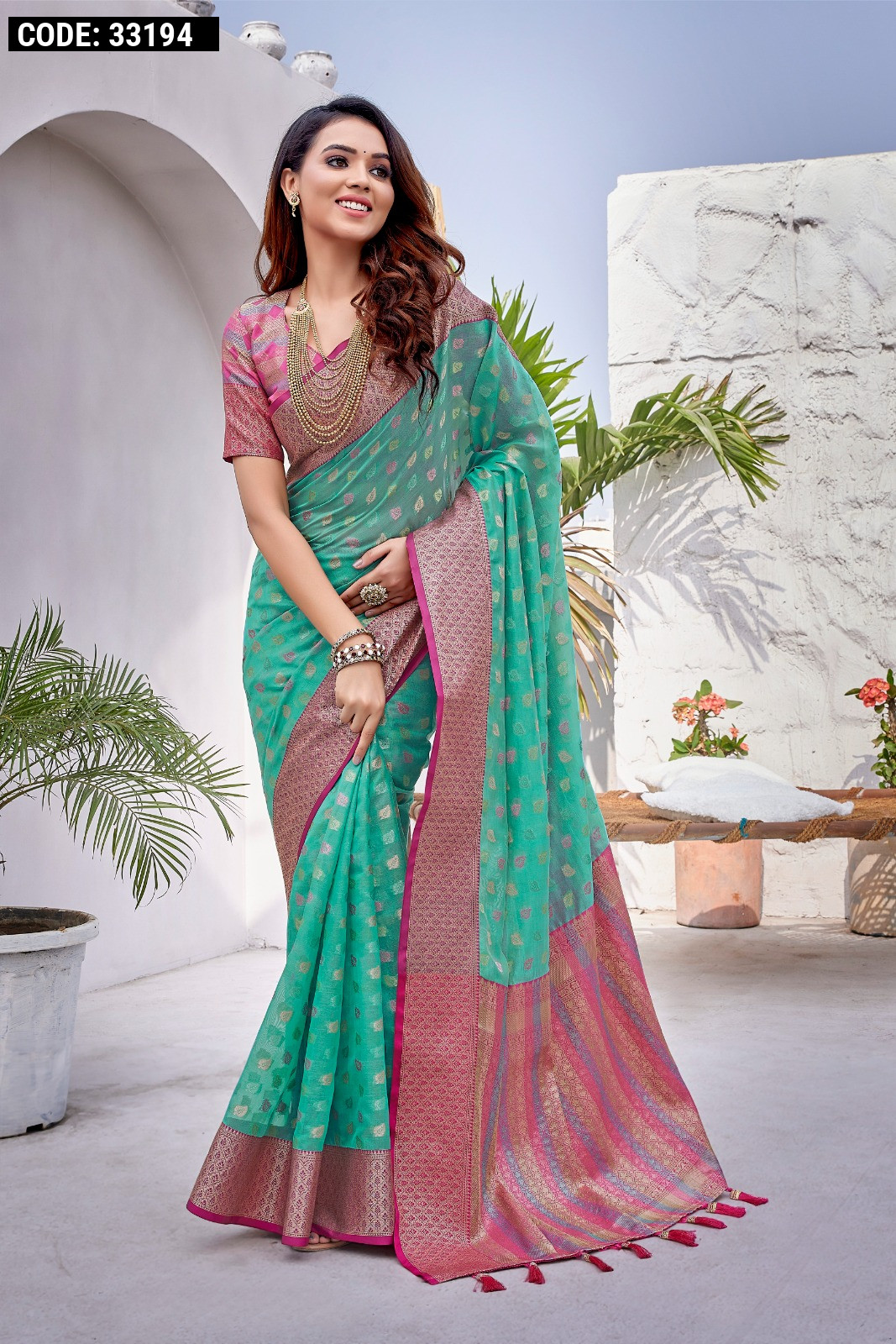 Silk Saree with blouse in Sea green colour 10170