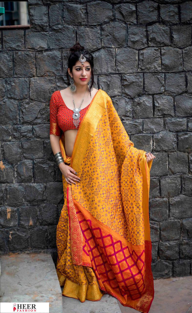 Yellow color Banarasi silk weaving Patola saree