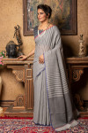 Gray color pure linen saree with heavy brocade blouse