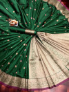 Green color soft banarasi lichi silk saree with gold zari weaving work