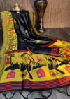 Black color handloom raw silk saree with zari woven work