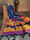 Navy blue color handloom raw silk saree with zari woven work