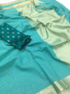 Firoji color pure linen saree with heavy brocade blouse