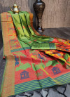 Mehndi green color handloom raw silk saree with zari woven work