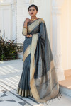 Gray color tassar silk weaving saree with silver and golden zari work