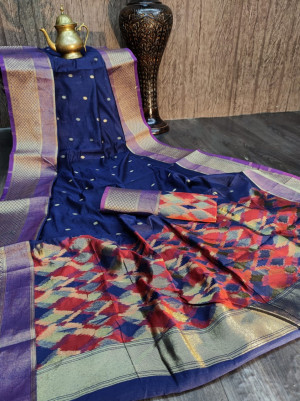 Navy blue color pure chanderi cotton saree with zari woven work