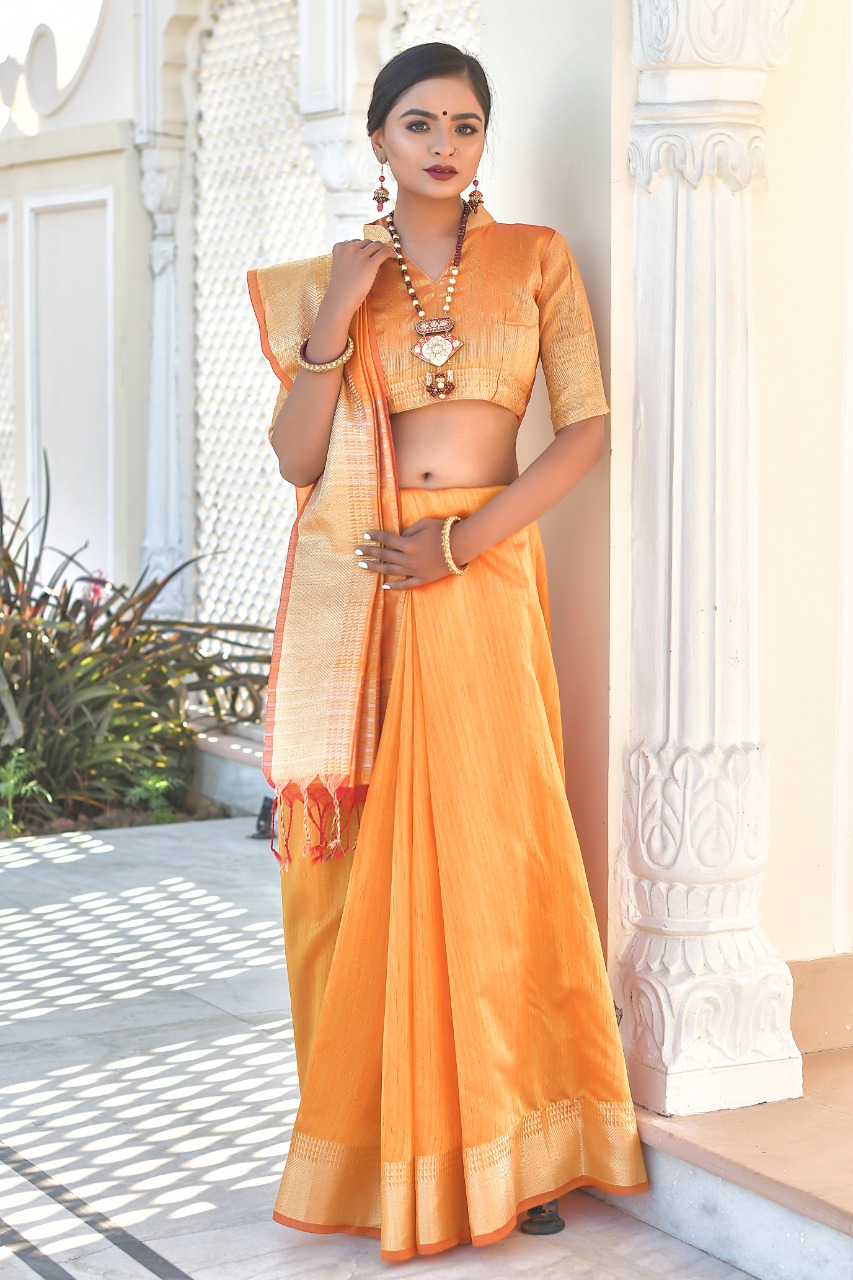 Orange color tassar silk weaving saree with silver and golden zari work